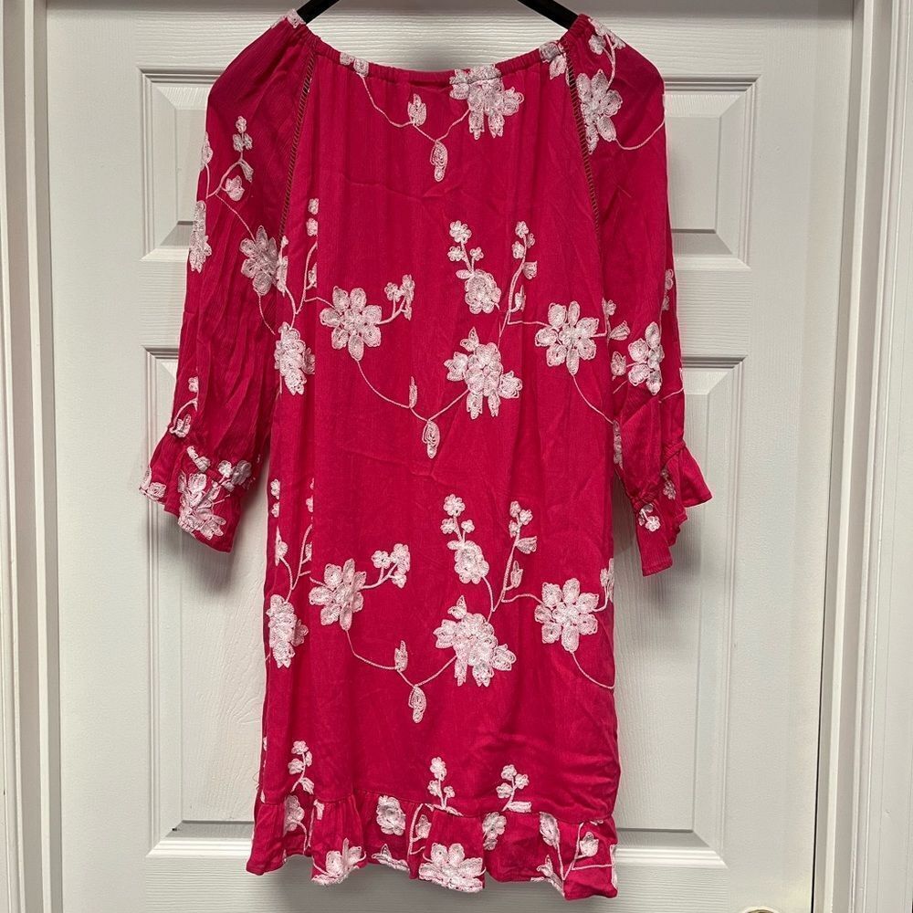 LIV Los Angeles Pink & White Floral Embroidered Off the Shoulder Dress sz L - Picture 7 of 8
